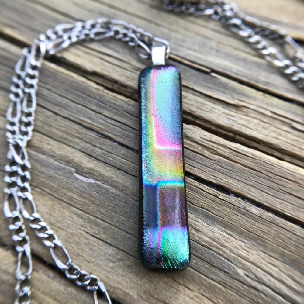 Artisan northern lights  rainbow dichroic glass pendant necklace
